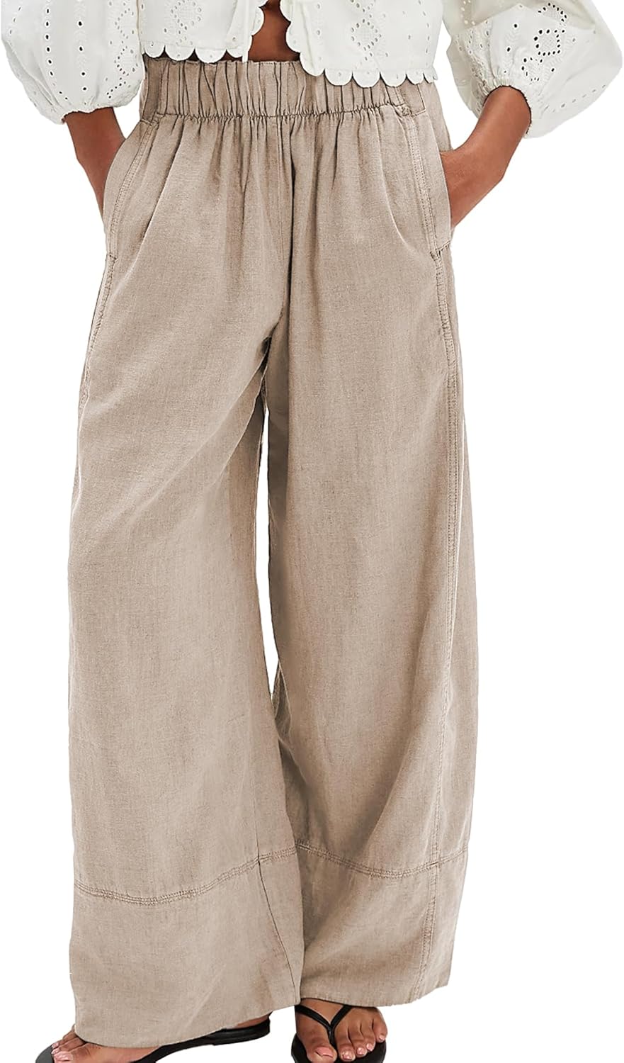 Milan Pantalone Donna – Pantalone Lin Palazzo Large Vita Elastica & Tasche