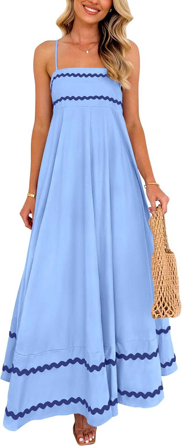 Luan Abito Maxi Donna Estate – Abito Longue Bretella Fines Scollo Quadrato, Balze & Linea Fluida