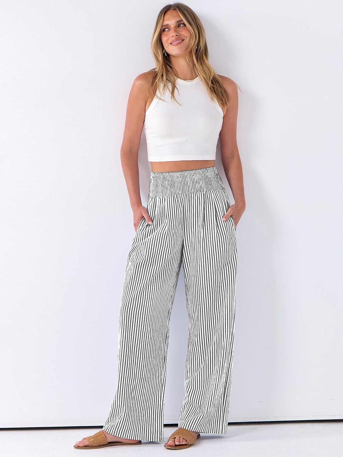 Léah Pantalone Donna – Pantalone Palazzo Rayé Vita Alta & Tasche Estate