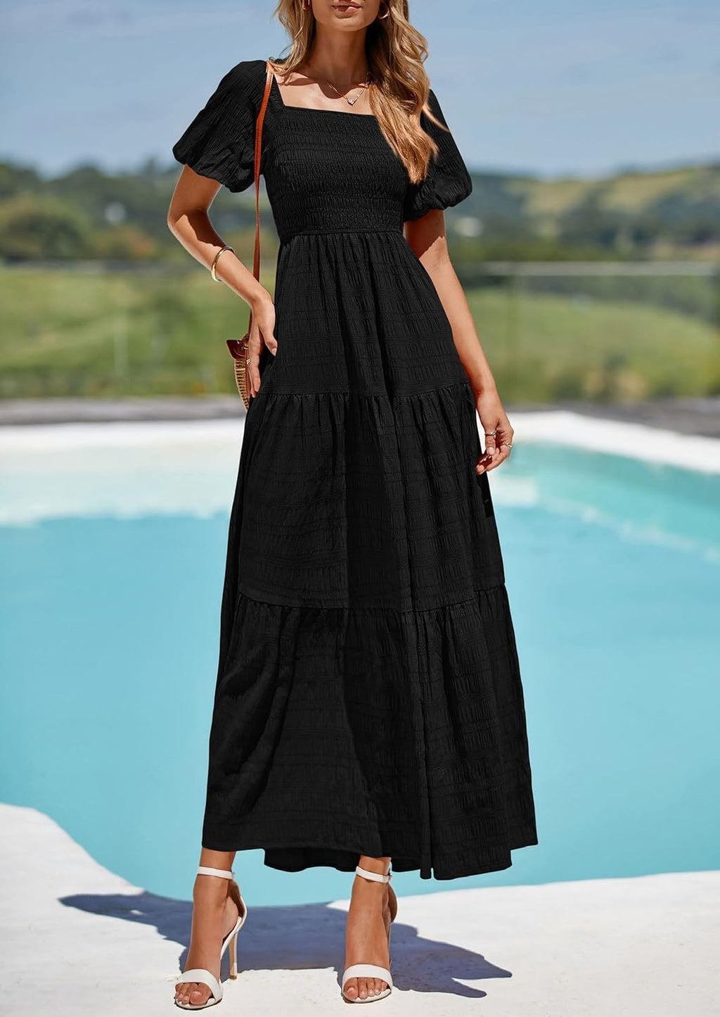 Reese Abito Maxi Donna Estate – Abito Scollo Quadrato Smockée, Manches Bouffantes & Balze Fluida