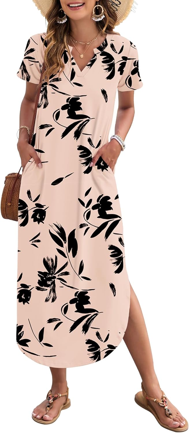 Laura Abito Maxi Donna Estate – Abito Longue Scollo a V con Fente, Maniche Corte & Tasche Confortevoli