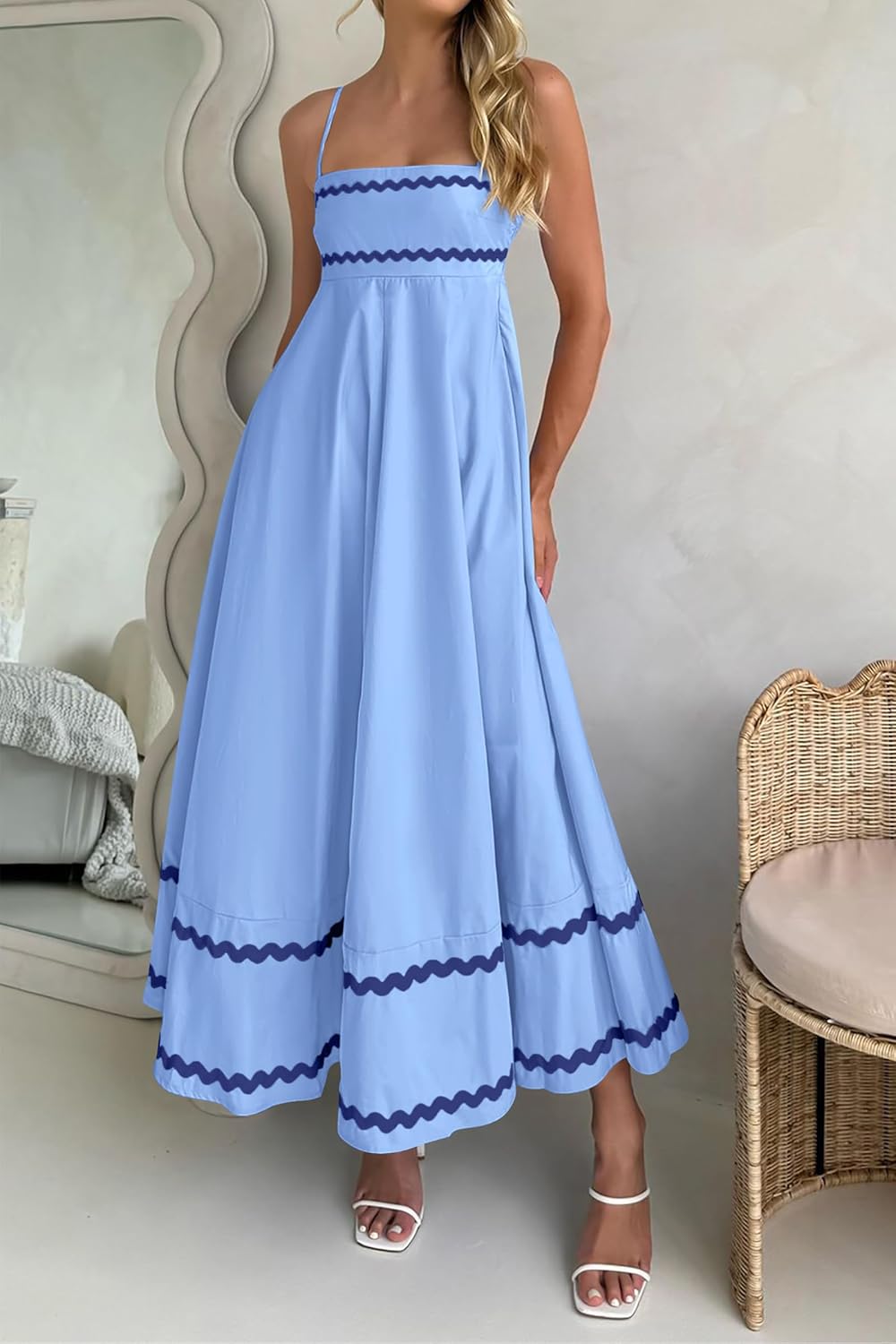 Luan Abito Maxi Donna Estate – Abito Longue Bretella Fines Scollo Quadrato, Balze & Linea Fluida