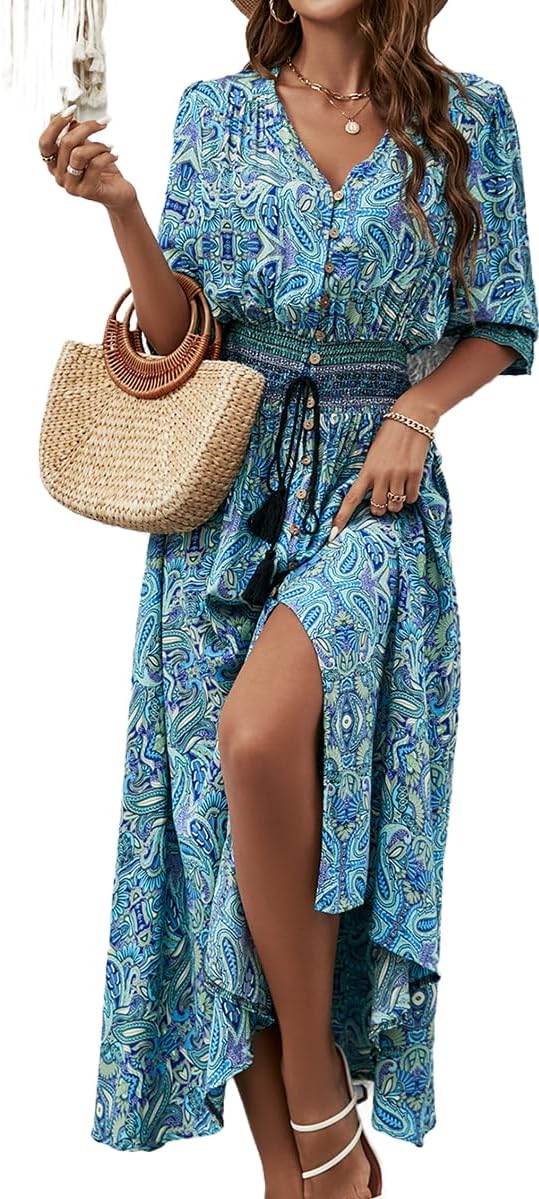 Liezl Abito Donna Bohémien a Fiori – Scollo a V Cache-Cœur, Midi Fluida, Manches 3/4