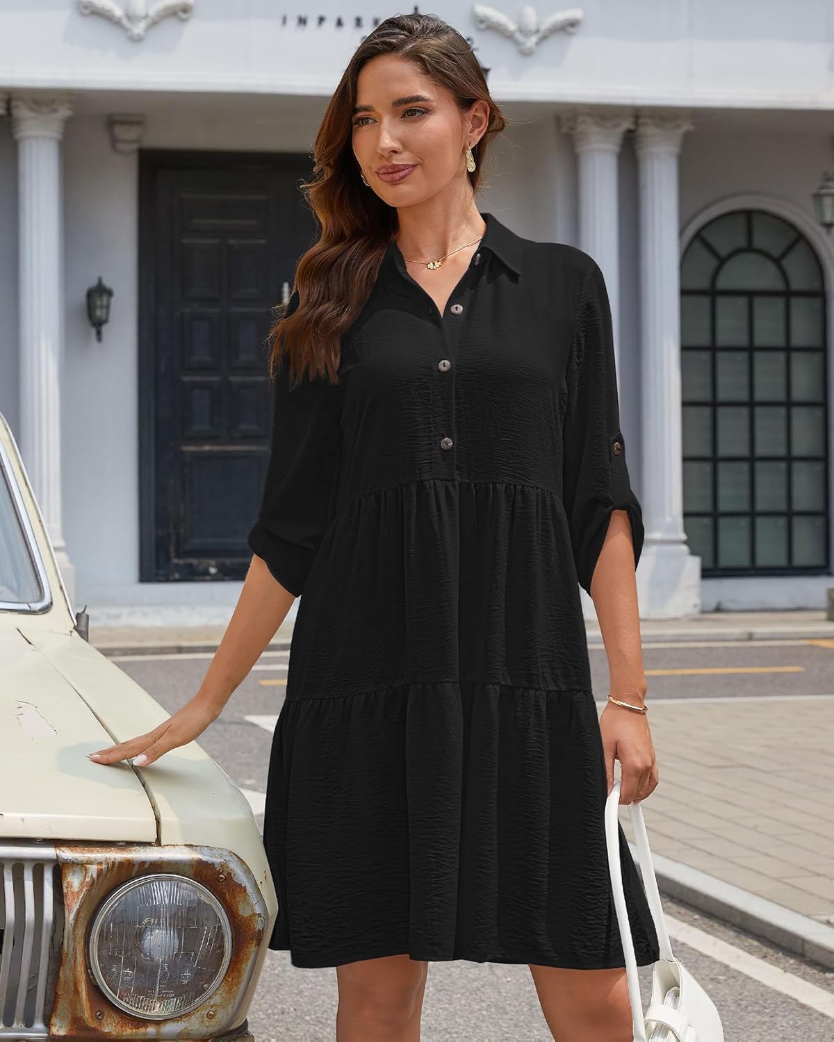 Sophie Abito Camicia Donna – Manches 3/4, Boutonnée, Linea a Trapezio, Balze Estate
