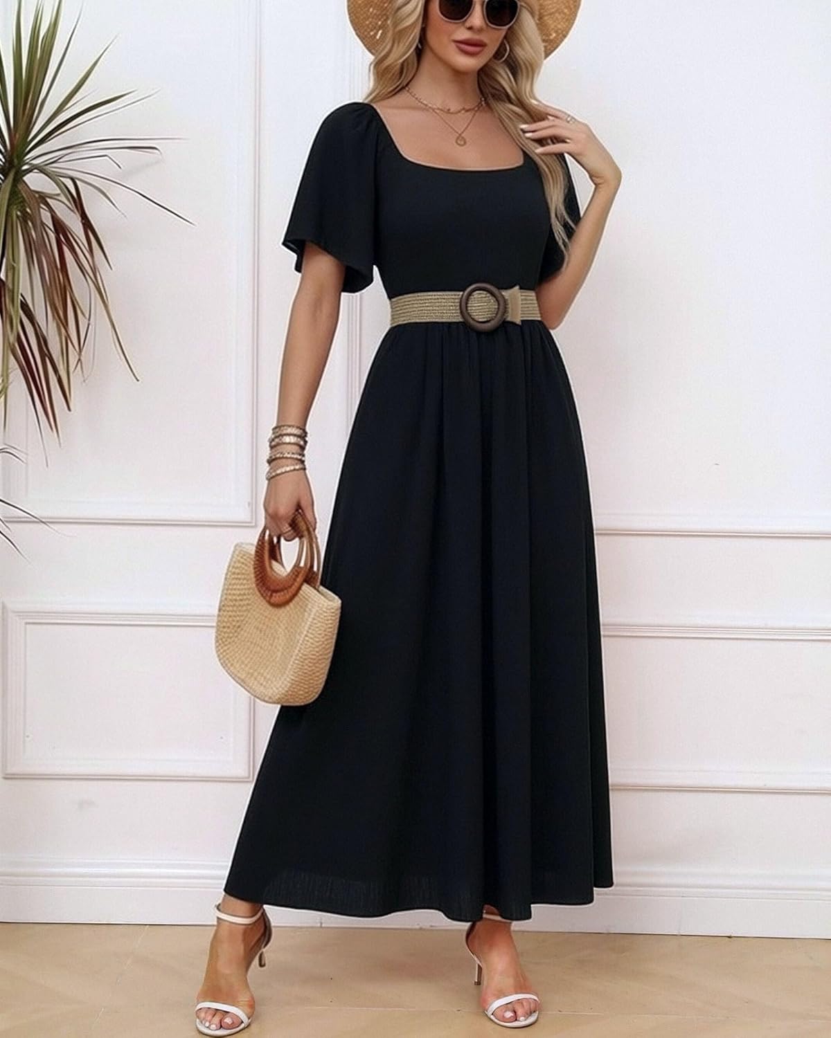 Patricia Abito Donna Maxi – Scollo Quadrato, Linea a Trapezio Fluida, Manches Chauve-Souris Estate