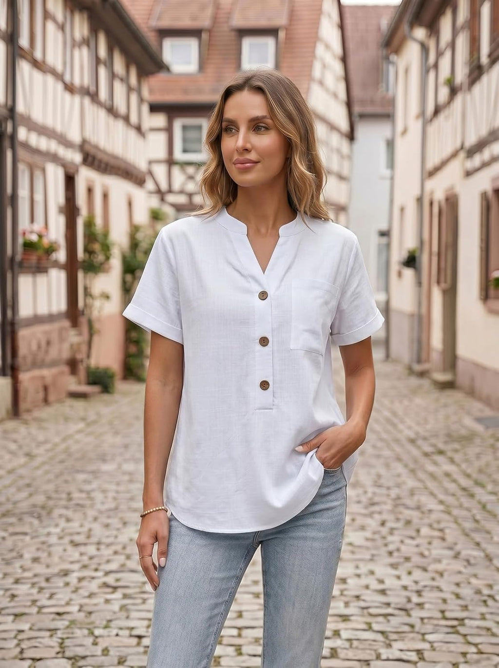 Sophie Blusa Donna Cotone – Top Scollo a V Henley Maniche Corte Elegante Estate