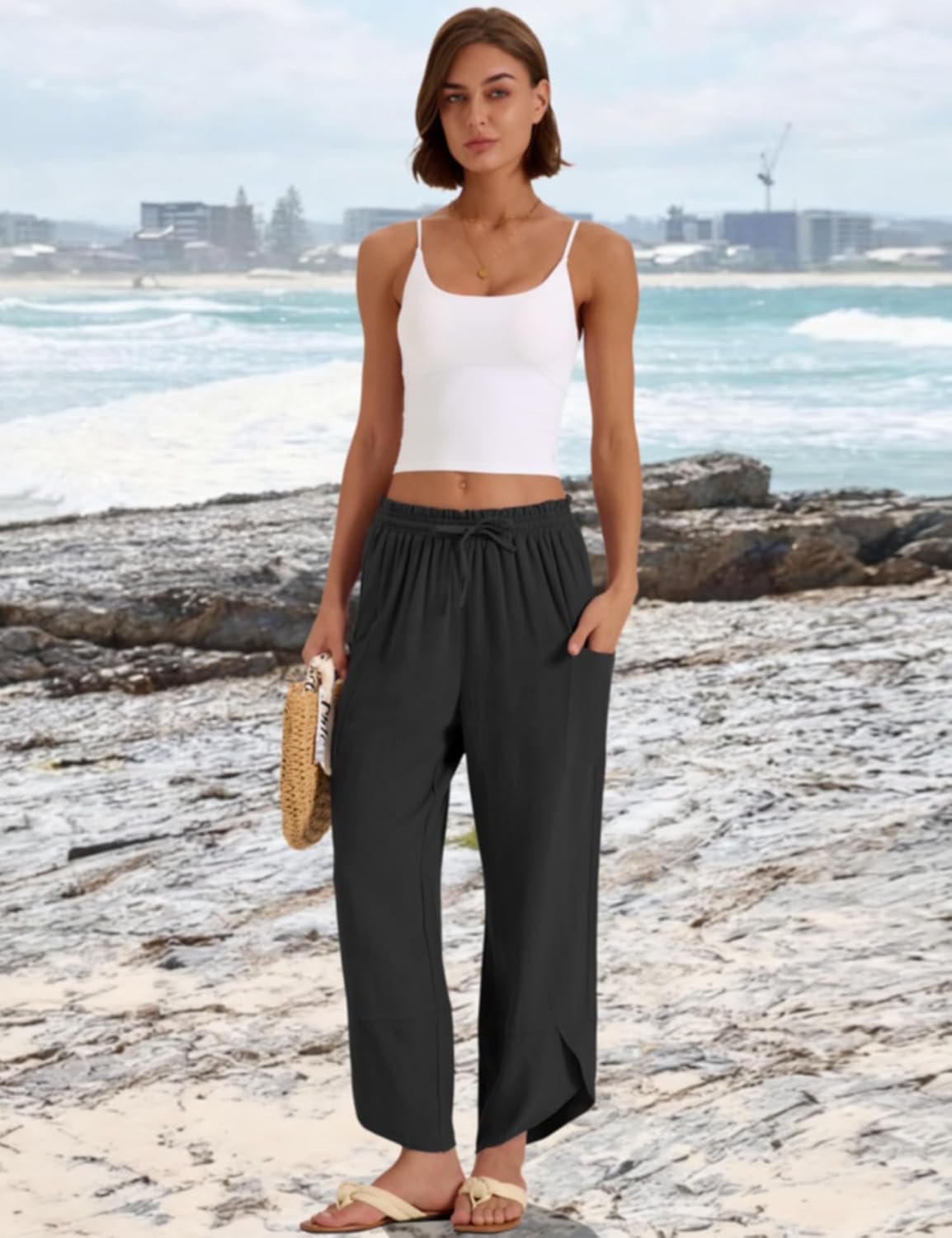 Jade Pantalone Donna – Capri Palazzo Lin Bohémien Large Vita Elastica & Tasche