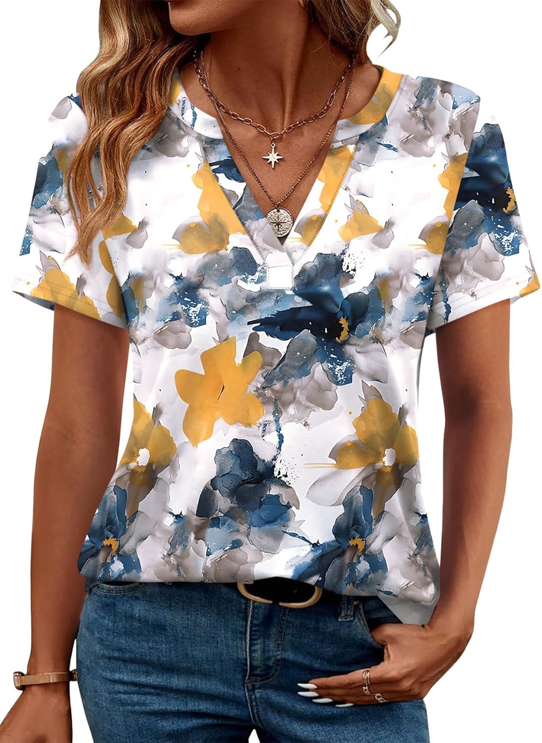 Roberta T-Shirt Donna Scollo a V – Top Maniche Corte Linea Fluida Leggero Estate Casual