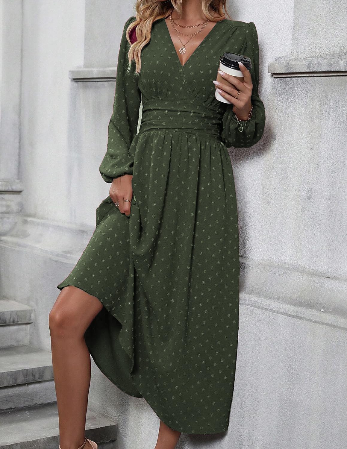 Tierra Abito Donna Pois – Linea a Trapezio, Scollo a V, Vita Alta Plissée Elegante