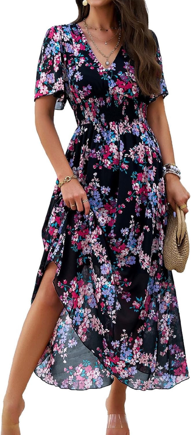 Jade Abito Donna Maxi a Fiori – Vita Alta, Scollo a V, Maniche Corte Bohémien Estate