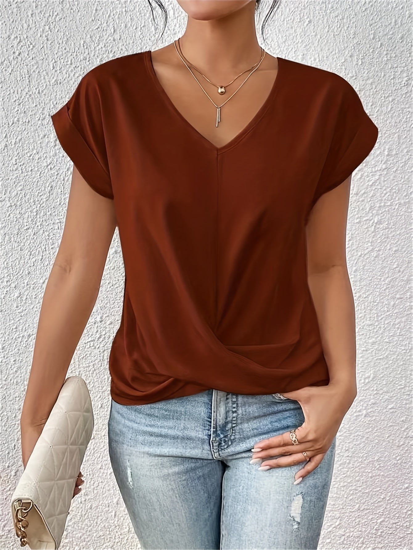 Yasmine Top Donna – Col in V con Détail Nœud, Drapé Elegante & Linea Confortevole