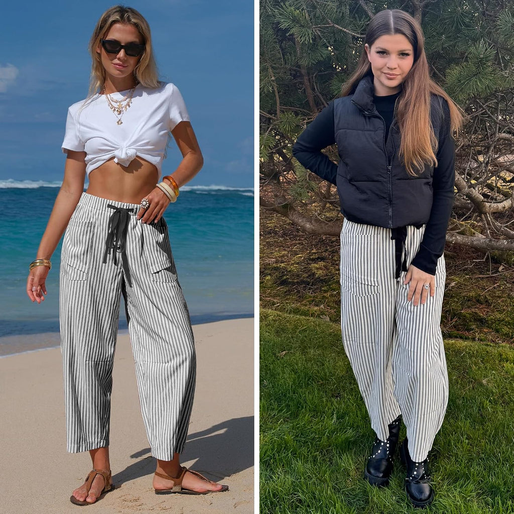 Laura Pantalone Donna Lin Rayé – Linea Large Capri, Vita Elastica, Leggero Estate