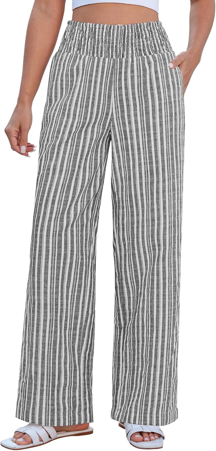 Rian Pantalone Donna Lin Rayé – Palazzo Large Vita Alta Elastica Estate Chic