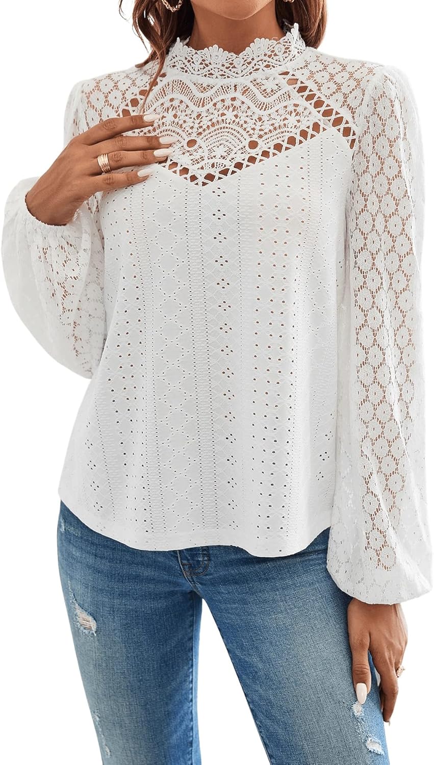 Norie Blusa Donna Pizzo – Col Montant, Manches Lanternes, Top Elegante
