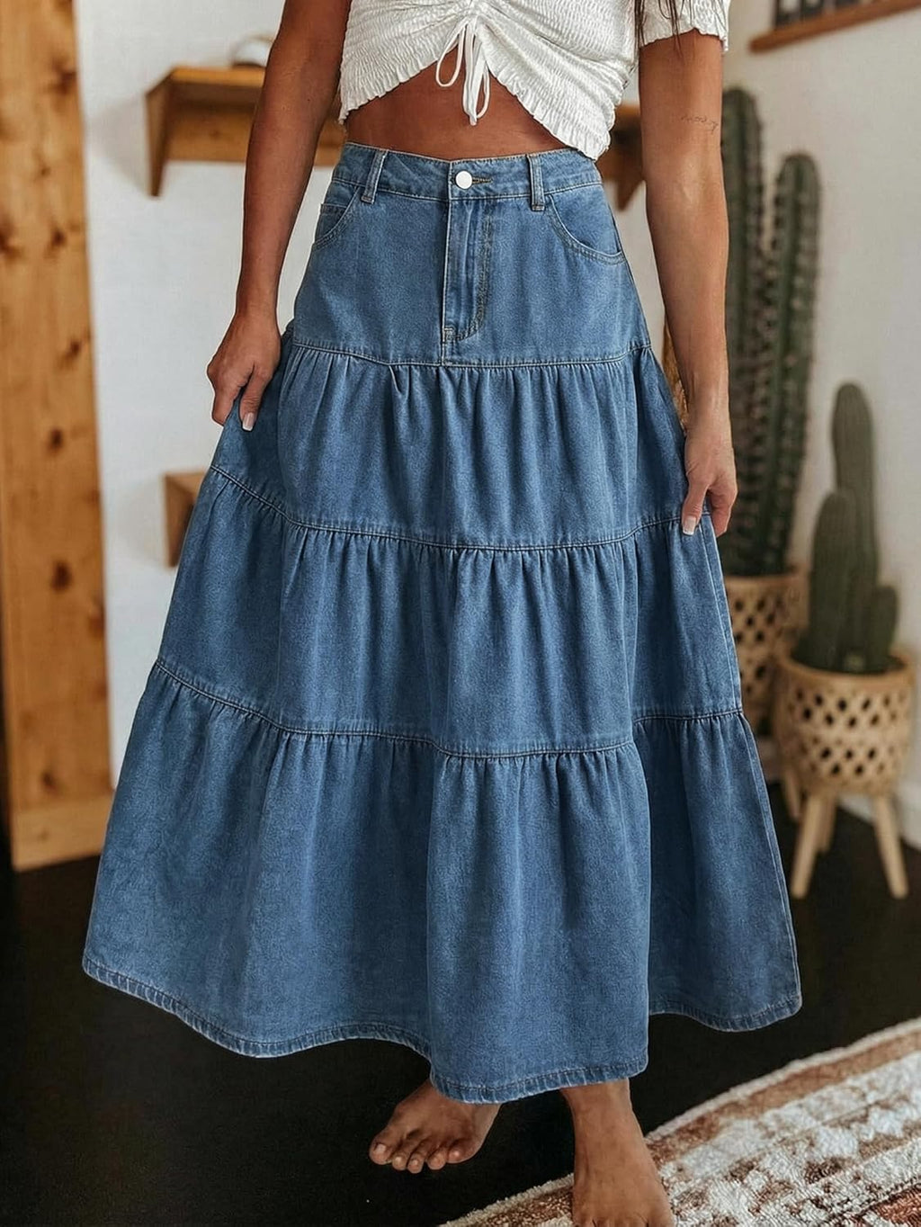 Verna Gonna Jeans Donna – Gonna Maxi Denim Vita Alta, Balze & Tasche