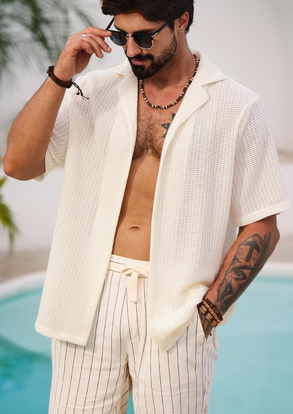 Herbert Camicia Crochet Uomo – Camicia Maglia Ajourée Style Cubain Estate