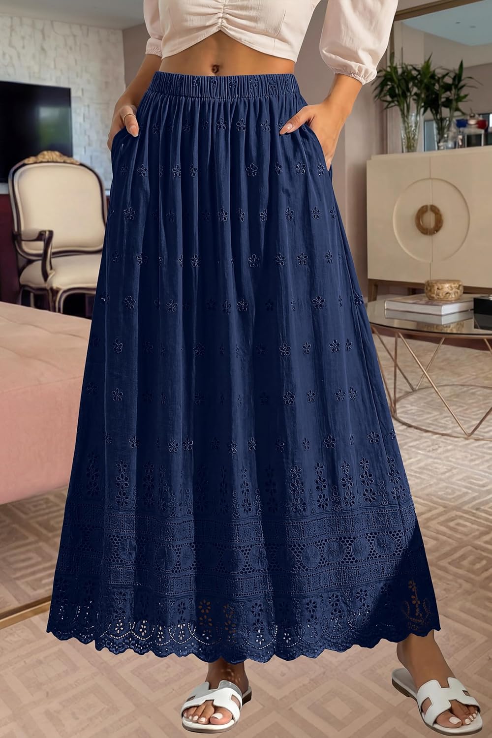 Marie Dowerme Gonna Maxi Donna – Vita Alta Elastica, Cotone Brodé Bohémien a Trapezio