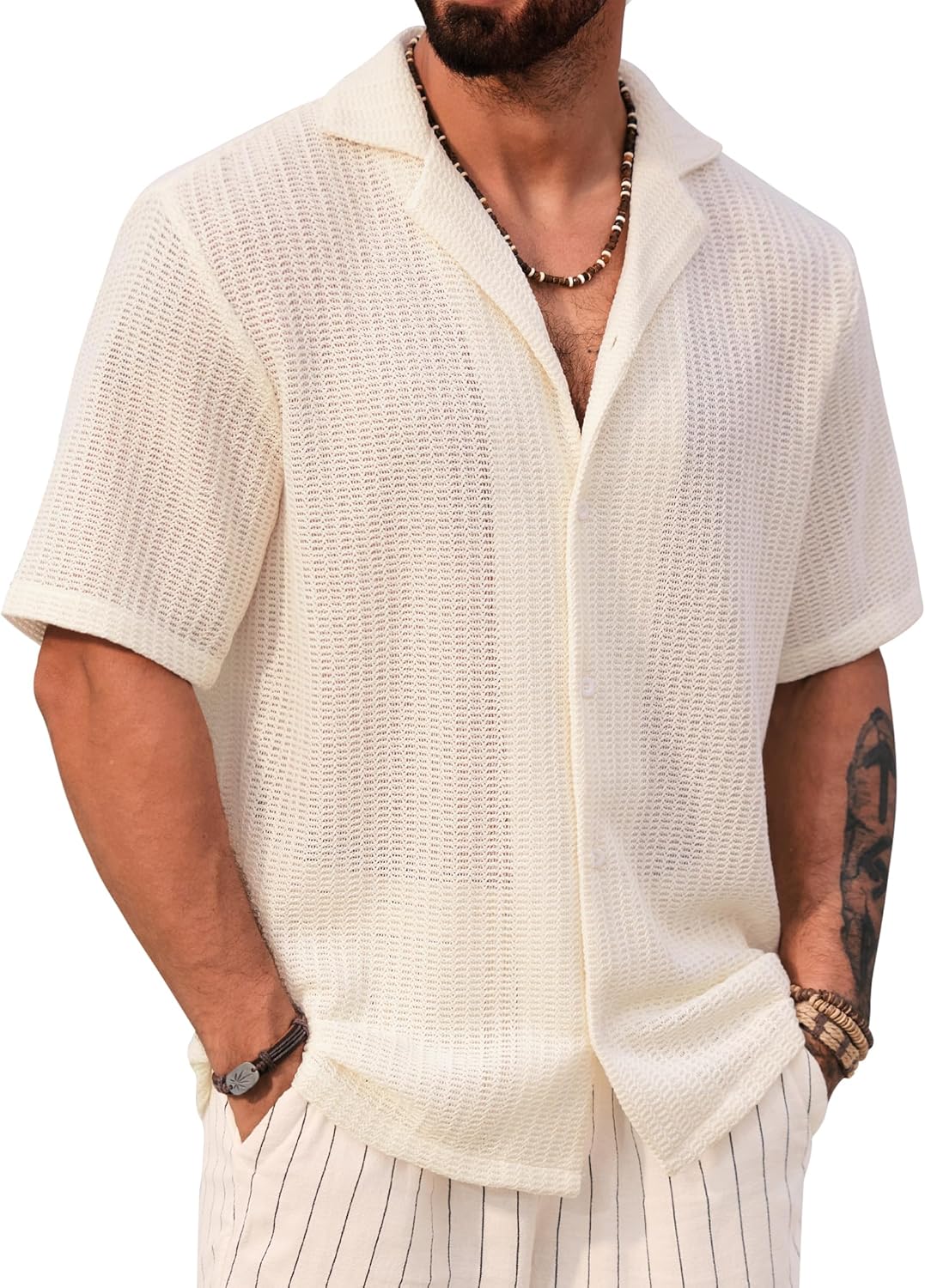 Herbert Camicia Crochet Uomo – Camicia Maglia Ajourée Style Cubain Estate