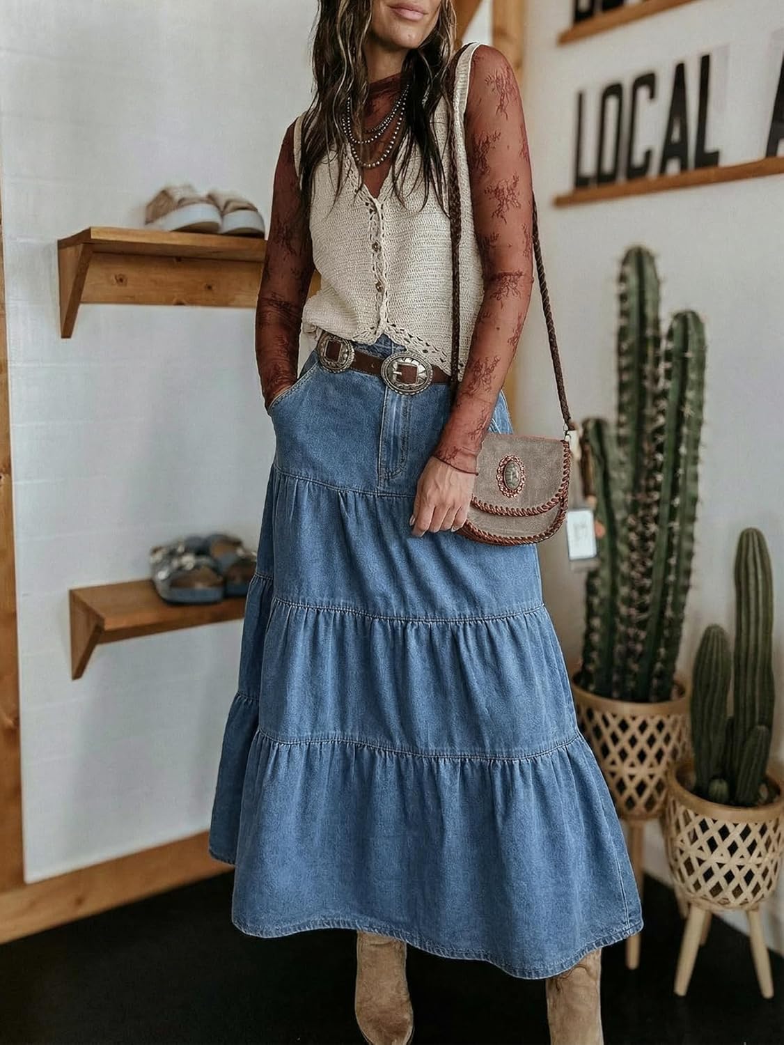 Verna Gonna Jeans Donna – Gonna Maxi Denim Vita Alta, Balze & Tasche