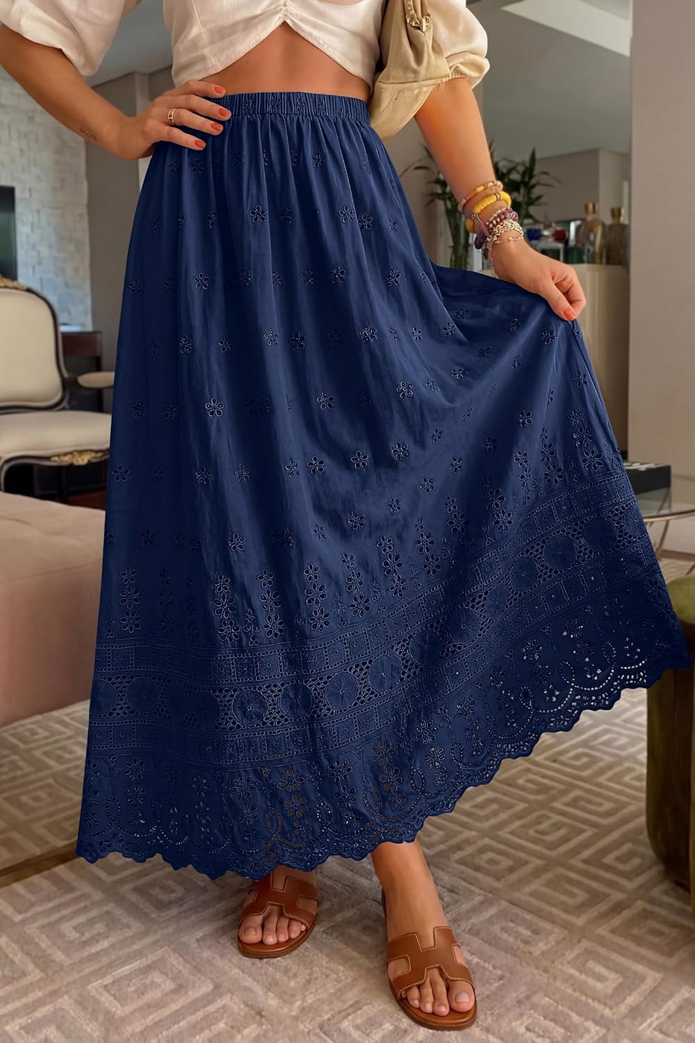 Marie Dowerme Gonna Maxi Donna – Vita Alta Elastica, Cotone Brodé Bohémien a Trapezio