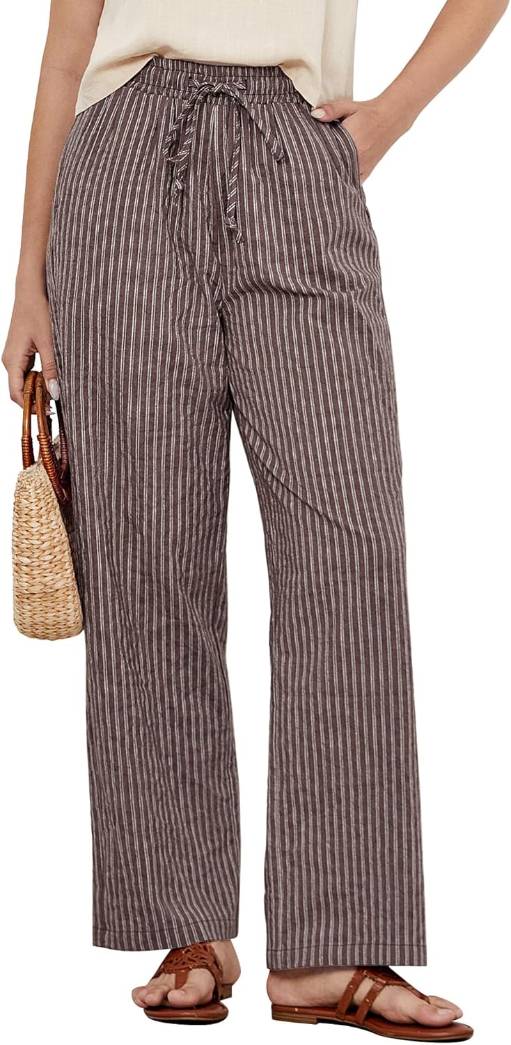 Julie Pantalone Donna Rayé Lin – Linea Large, Vita Alta Elastica Estate Chic
