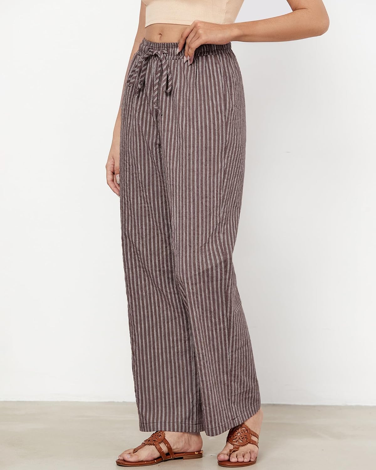 Julie Pantalone Donna Rayé Lin – Linea Large, Vita Alta Elastica Estate Chic