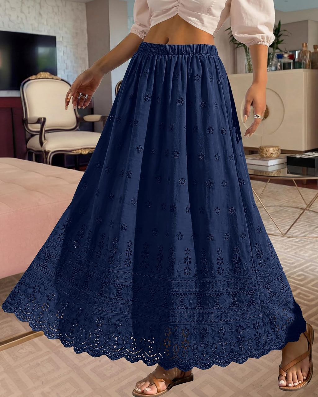 Marie Dowerme Gonna Maxi Donna – Vita Alta Elastica, Cotone Brodé Bohémien a Trapezio
