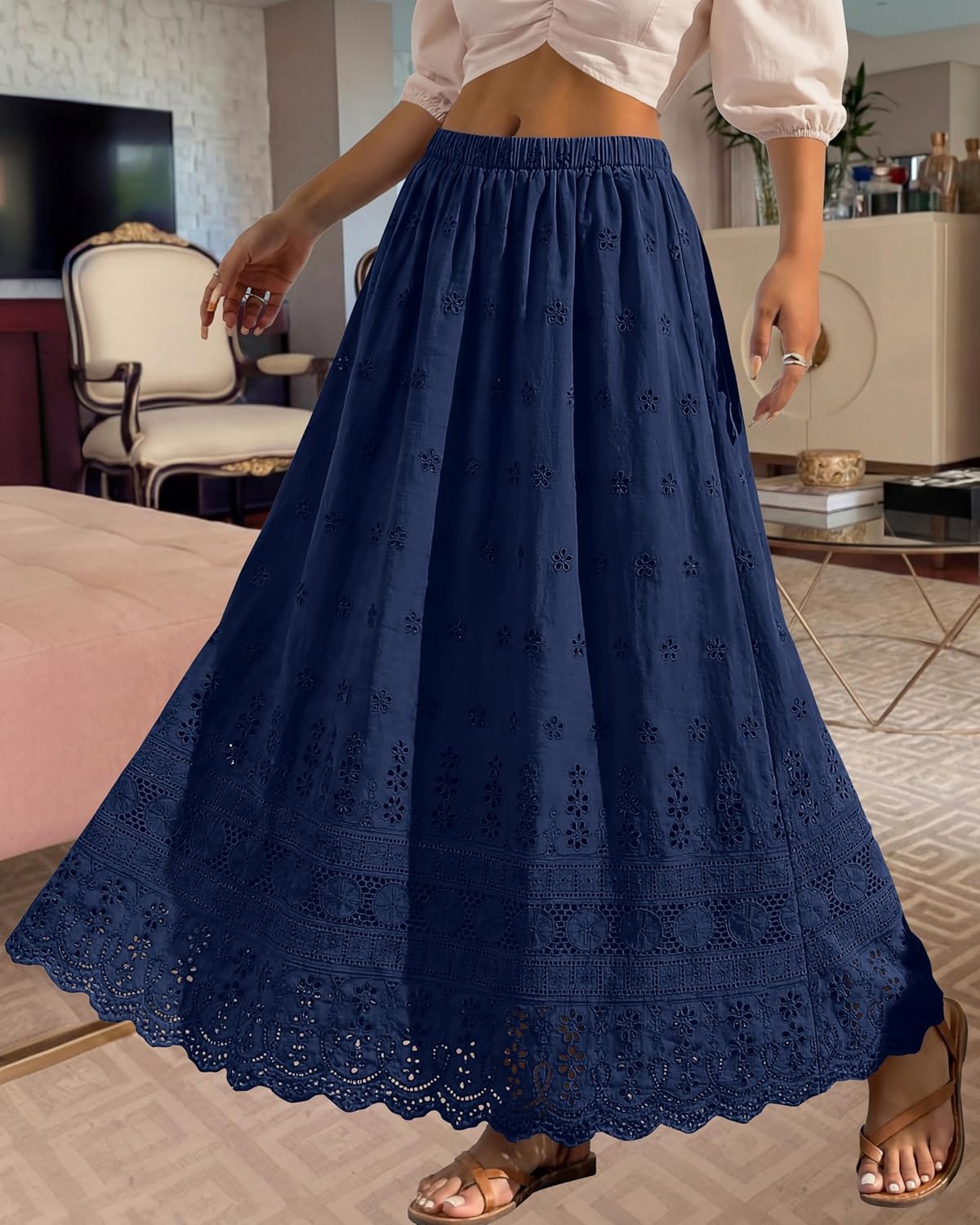 Marie Dowerme Gonna Maxi Donna – Vita Alta Elastica, Cotone Brodé Bohémien a Trapezio