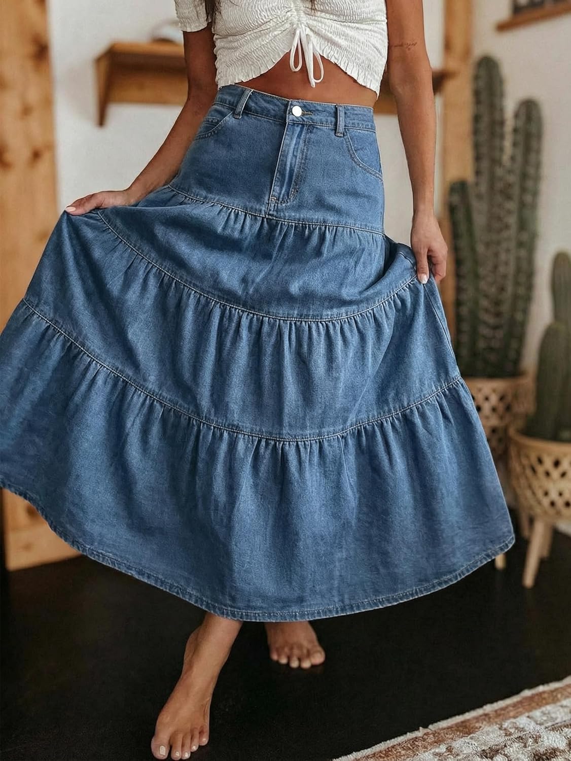 Verna Gonna Jeans Donna – Gonna Maxi Denim Vita Alta, Balze & Tasche