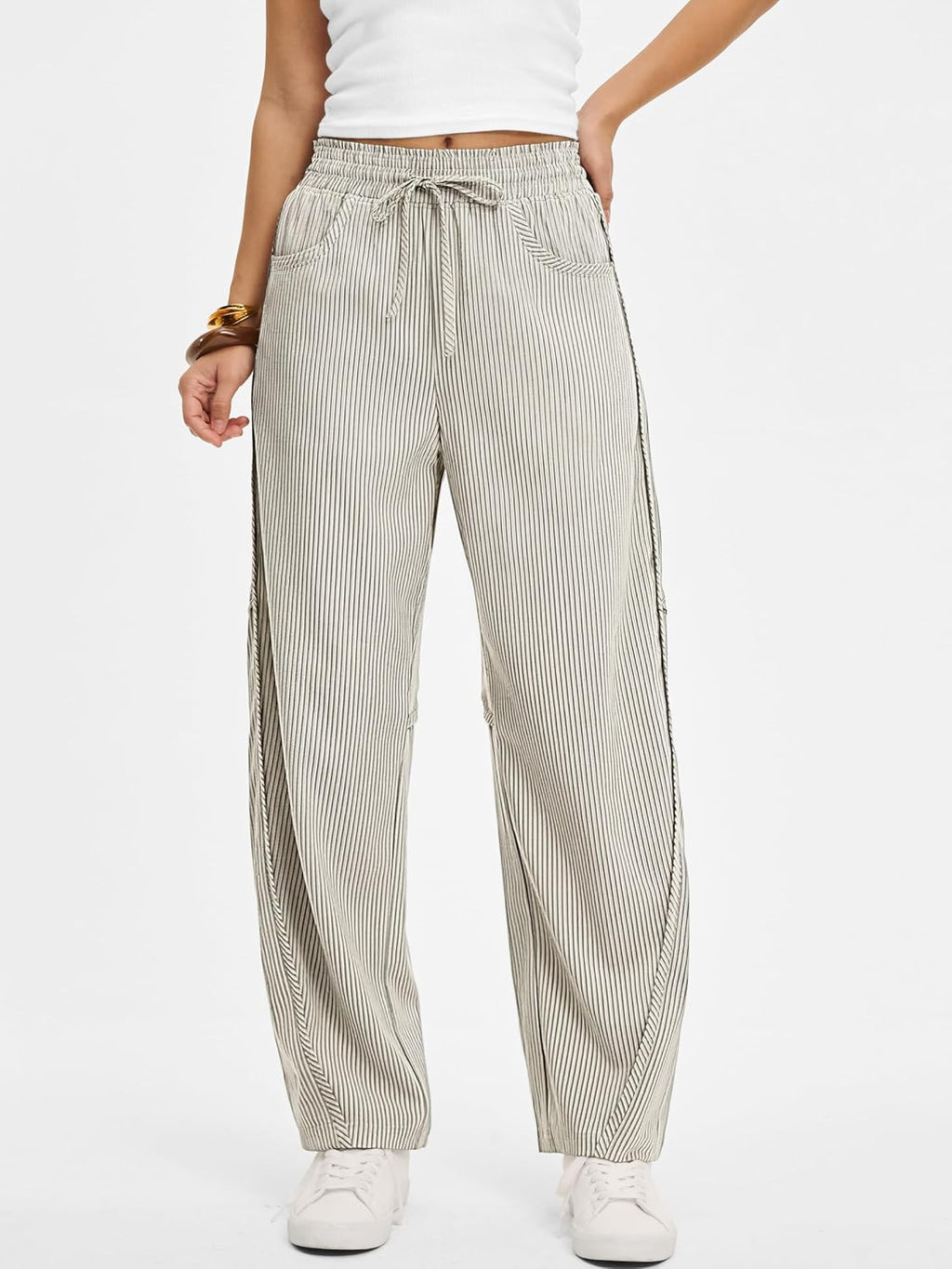Kim Pantalone Donna Rayé Barrel – Linea Large, Vita Elastica, Style Casual