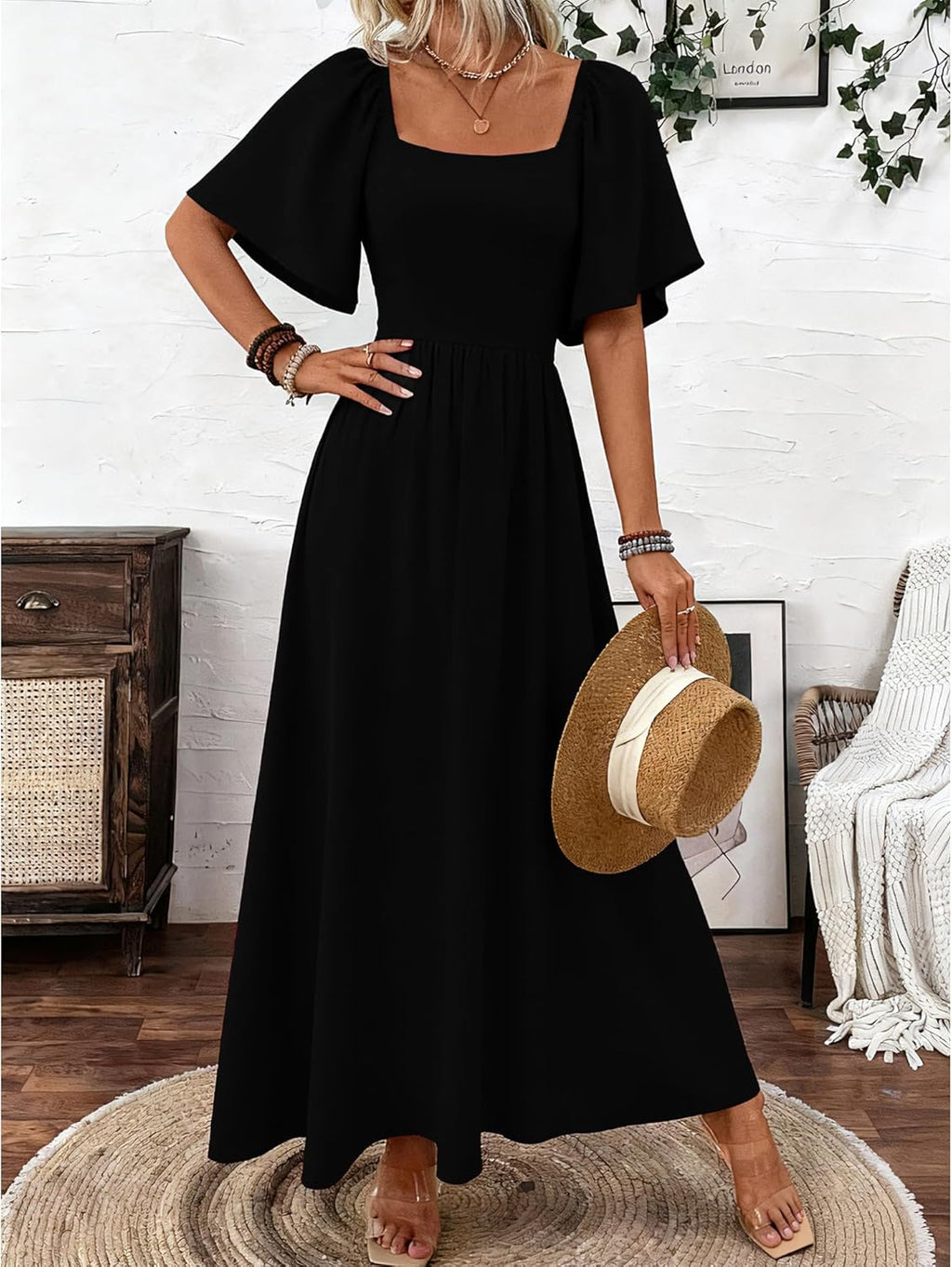 Patricia Abito Donna Maxi – Scollo Quadrato, Linea a Trapezio Fluida, Manches Chauve-Souris Estate