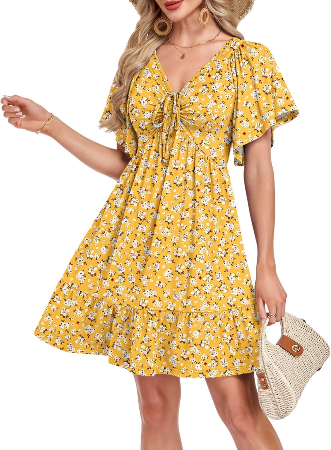 Lina Abito Donna a Trapezio – Scollo a V, Taille Regolabile, Maniche Corte, Tasche Estate