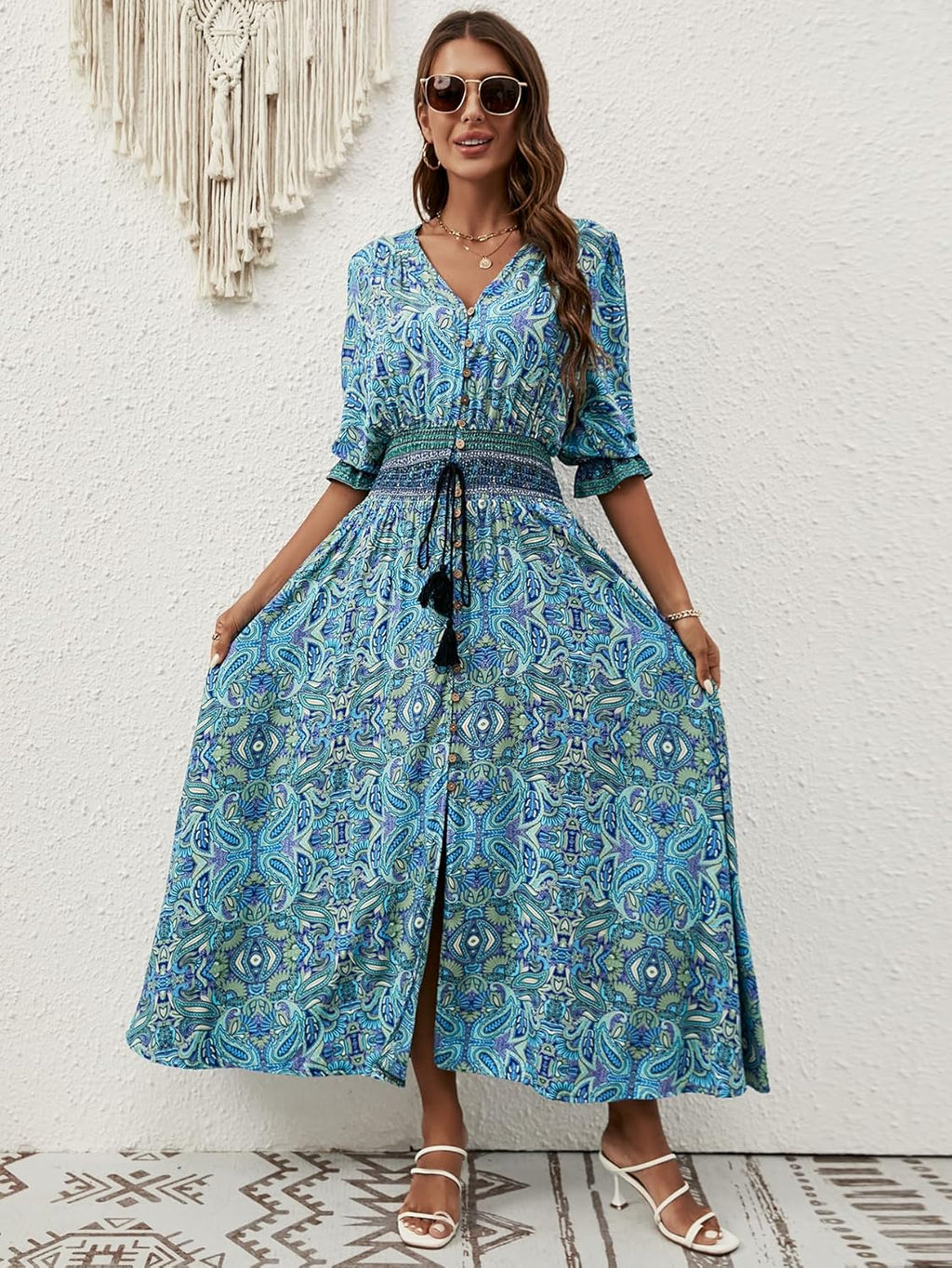 Liezl Abito Donna Bohémien a Fiori – Scollo a V Cache-Cœur, Midi Fluida, Manches 3/4
