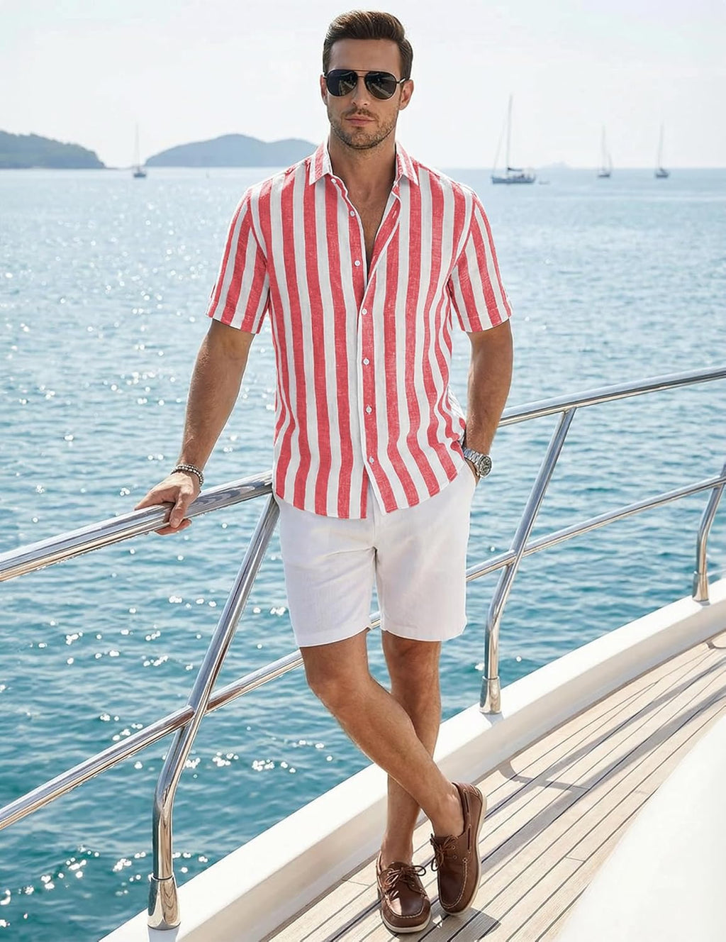 Julien Camicia Uomo – Camicia Rayée Maniche Corte, Style Estate Casual Chic