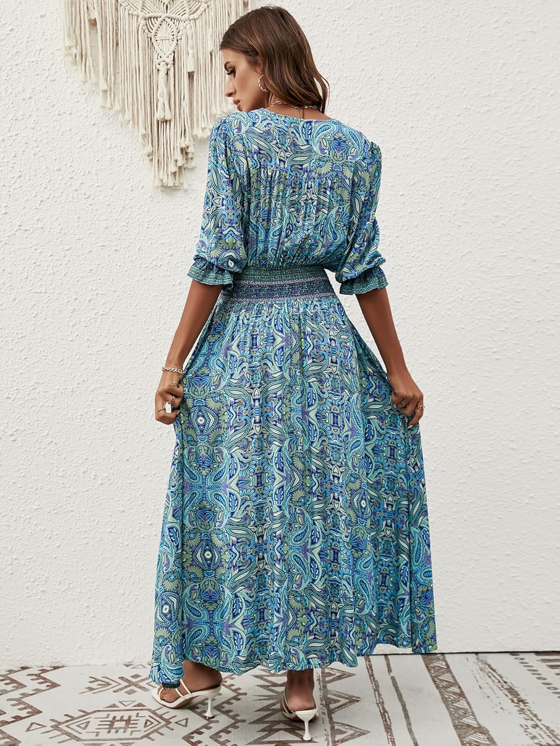 Liezl Abito Donna Bohémien a Fiori – Scollo a V Cache-Cœur, Midi Fluida, Manches 3/4