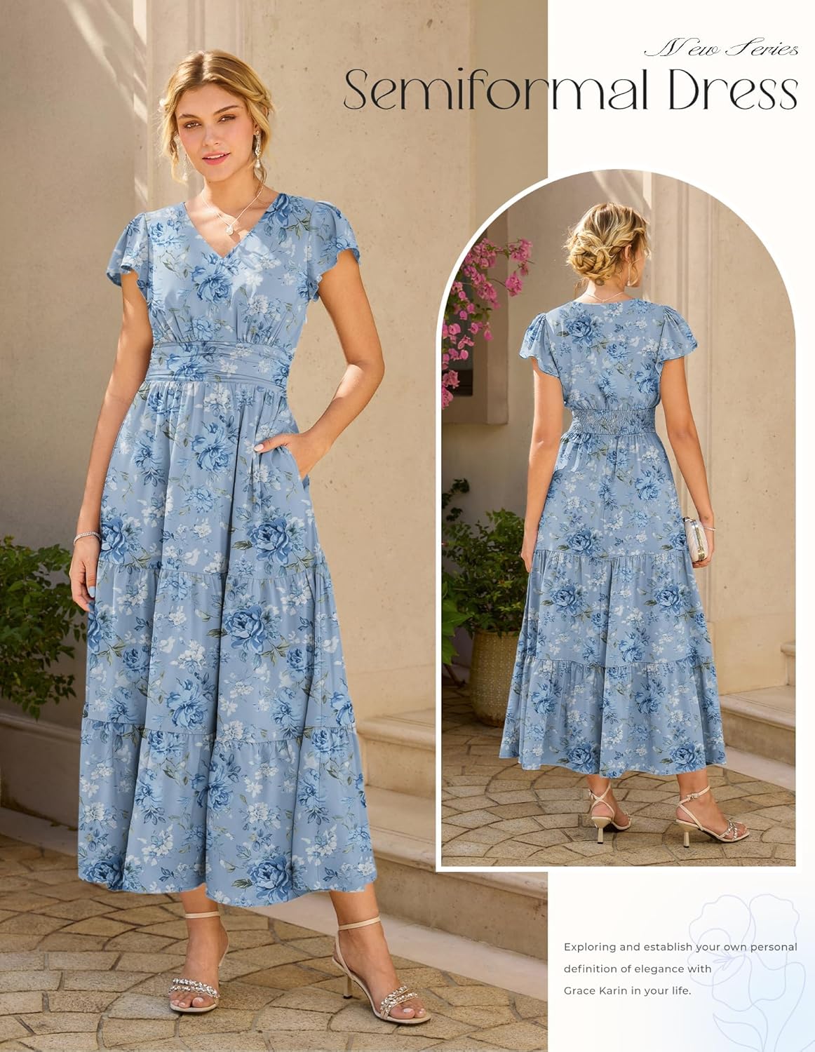 Sophie Abito Donna Midi a Fiori – Scollo a V, Manches Balze, Taille Marquée, Tasche