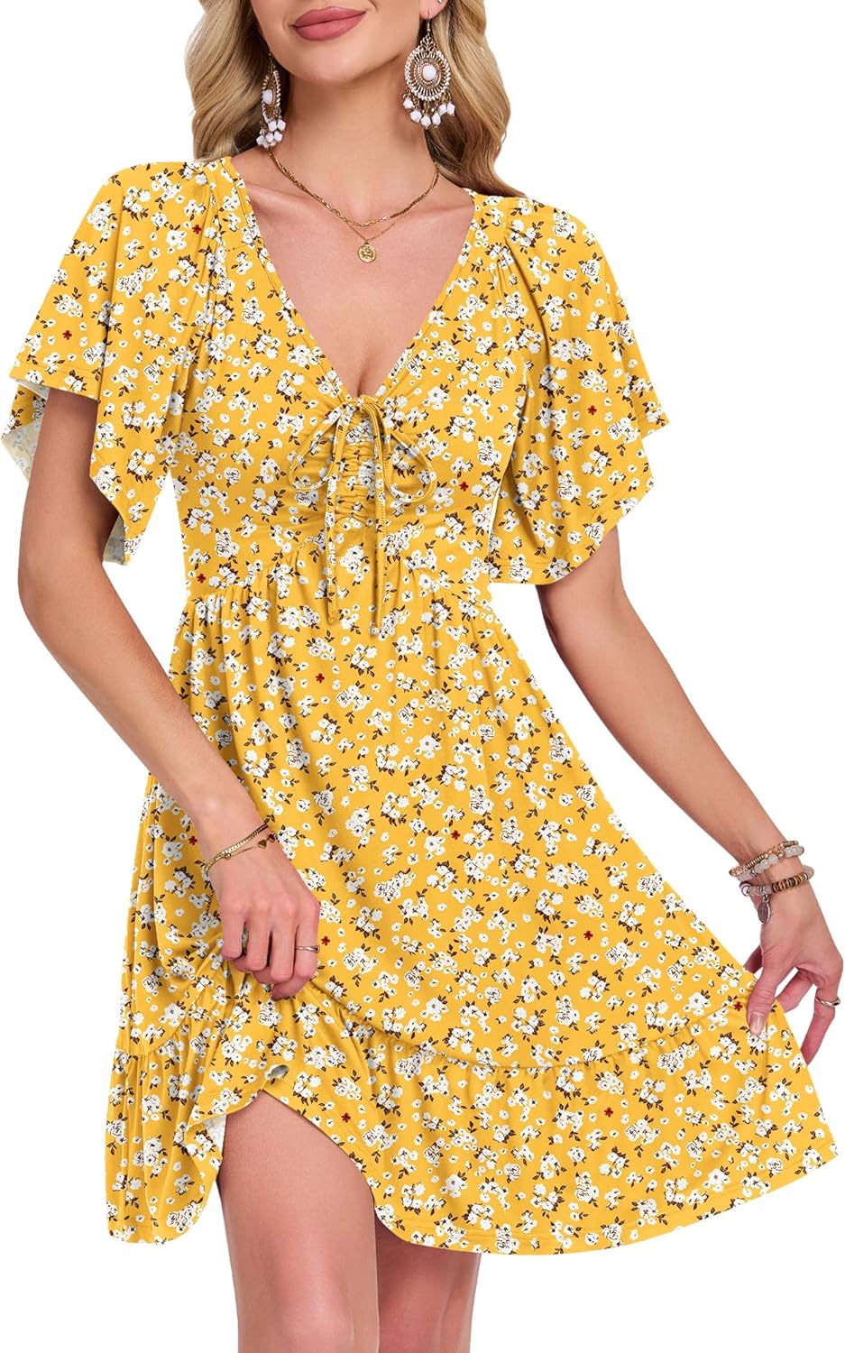 Lina Abito Donna a Trapezio – Scollo a V, Taille Regolabile, Maniche Corte, Tasche Estate