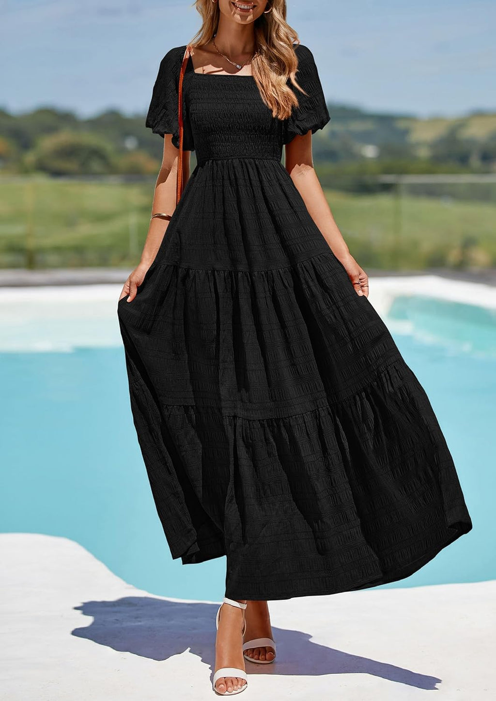 Reese Abito Maxi Donna Estate – Abito Scollo Quadrato Smockée, Manches Bouffantes & Balze Fluida