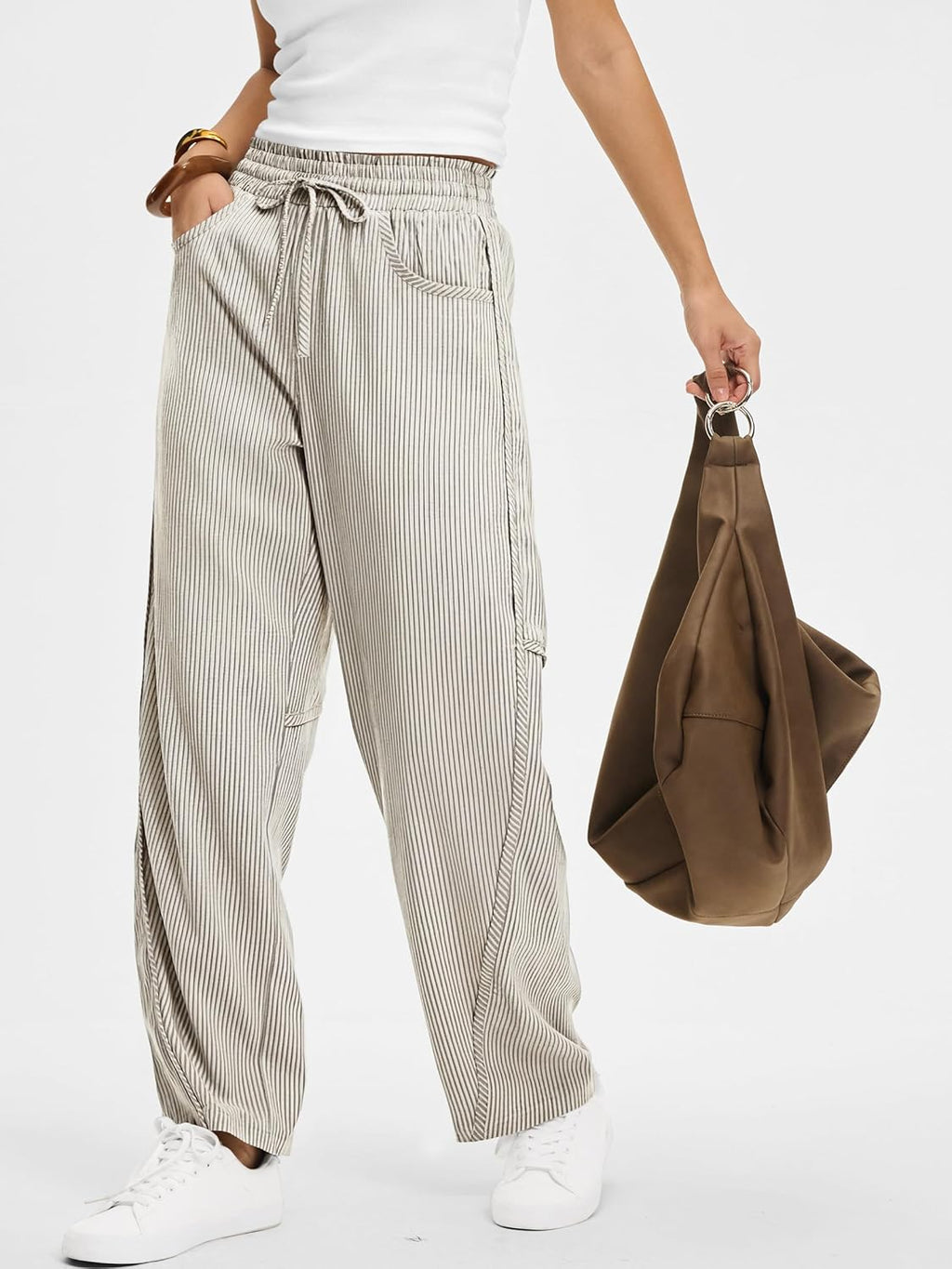 Kim Pantalone Donna Rayé Barrel – Linea Large, Vita Elastica, Style Casual