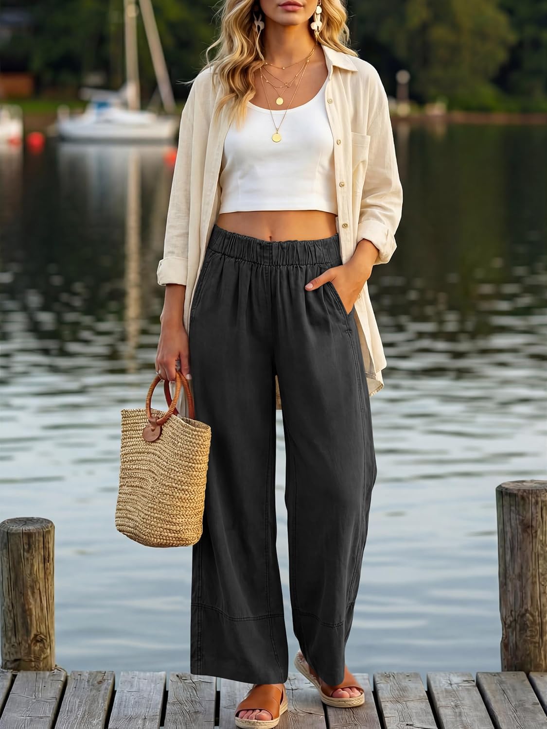 Jessica Pantalone Donna – Palazzo Lin Large Vita Elastica & Tasche Bohémien
