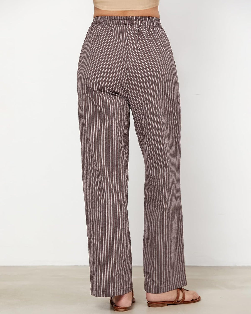 Julie Pantalone Donna Rayé Lin – Linea Large, Vita Alta Elastica Estate Chic