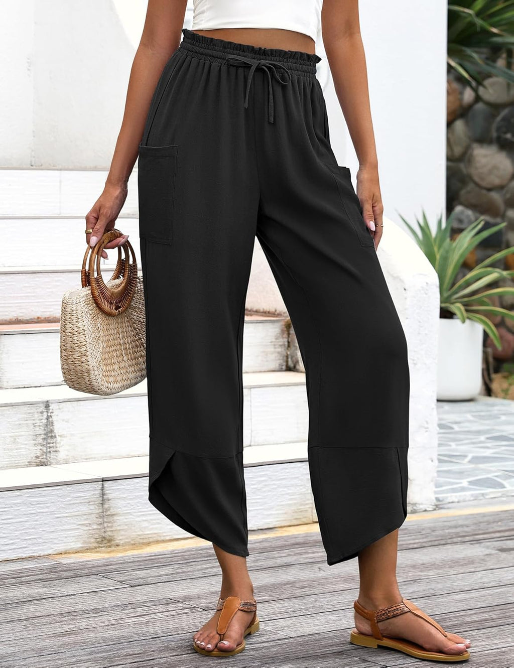 Jade Pantalone Donna – Capri Palazzo Lin Bohémien Large Vita Elastica & Tasche
