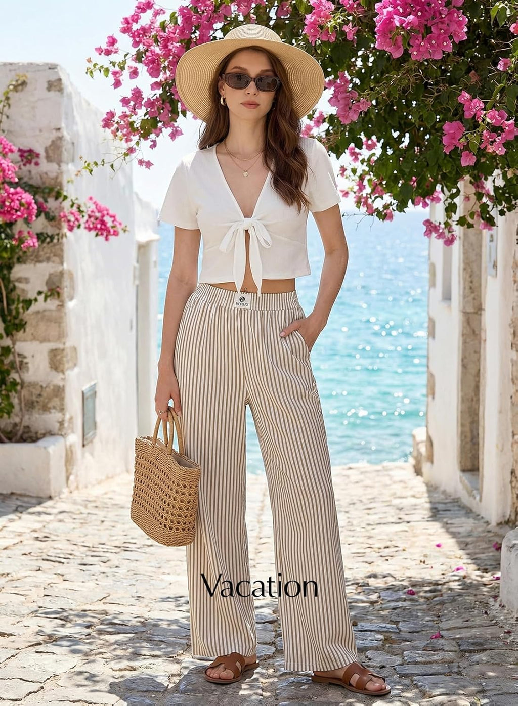 Verna Pantalone Donna Rayé – Linea Large Fluida, Vita Alta Elastica Lounge Estate