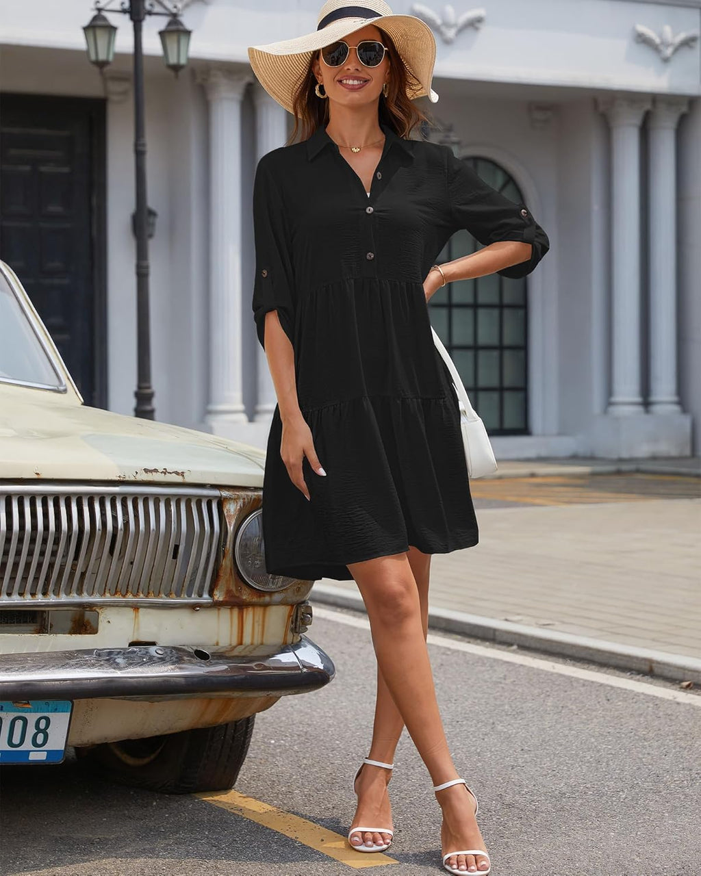 Sophie Abito Camicia Donna – Manches 3/4, Boutonnée, Linea a Trapezio, Balze Estate