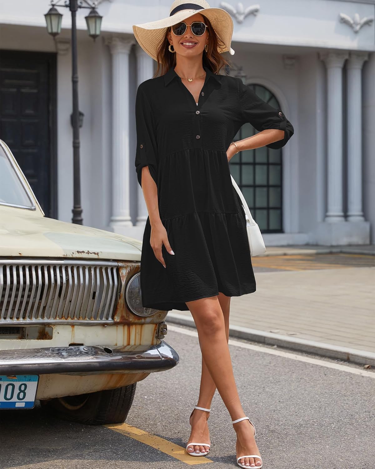 Sophie Abito Camicia Donna – Manches 3/4, Boutonnée, Linea a Trapezio, Balze Estate