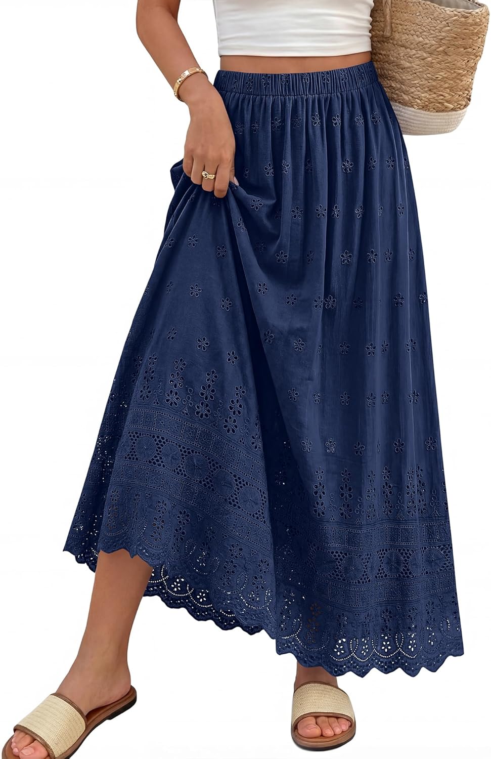 Marie Dowerme Gonna Maxi Donna – Vita Alta Elastica, Cotone Brodé Bohémien a Trapezio