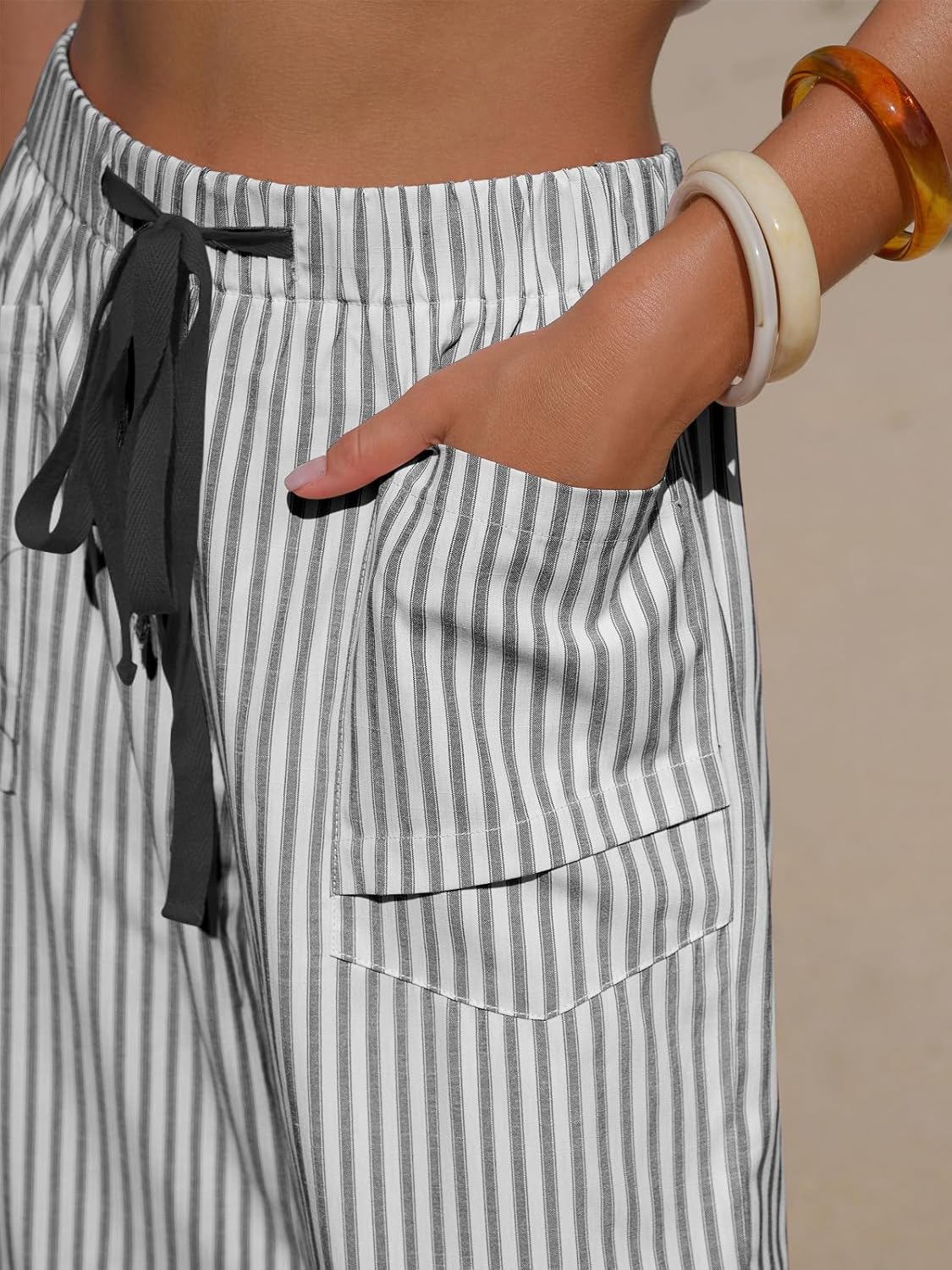 Léna Pantalone Donna – Capri Rayé Effet Lin Vita Elastica & Tasche
