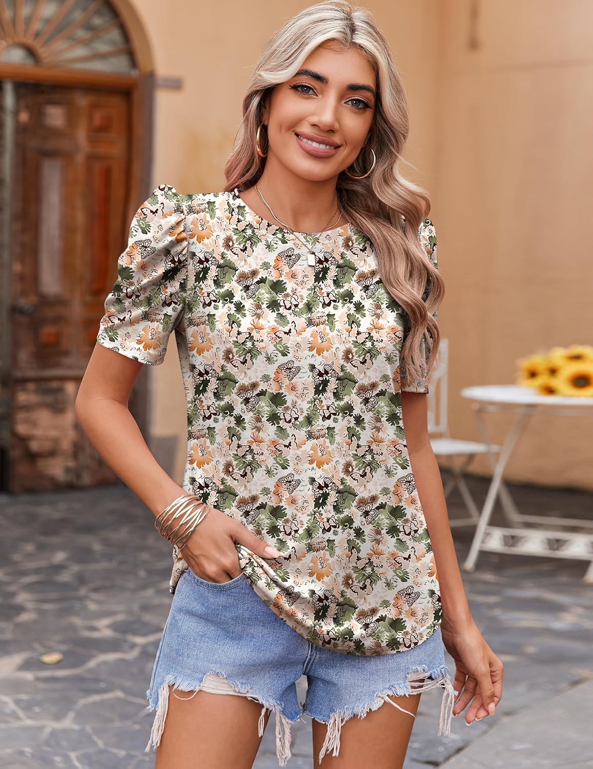 Rosario Blusa Donna a Fiori – Top Manches Bouffantes Linea Ajustée Elegante Estate