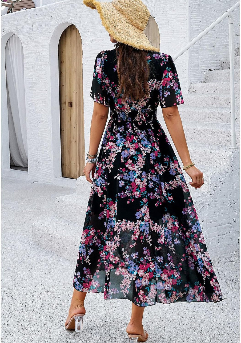 Jade Abito Donna Maxi a Fiori – Vita Alta, Scollo a V, Maniche Corte Bohémien Estate