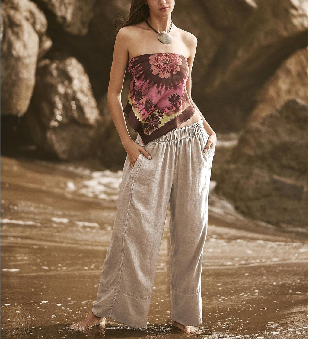 Milan Pantalone Donna – Pantalone Lin Palazzo Large Vita Elastica & Tasche